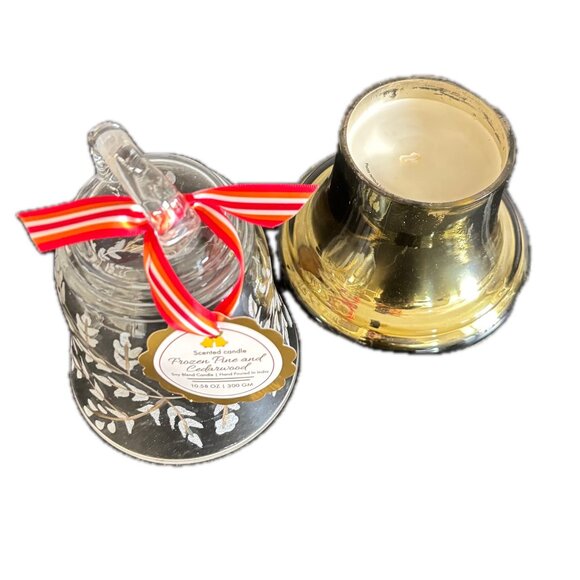 SALE  Etched Glass Bell Cloche Candle Pine Cedarwood Scented Soy Wax Gold Jar - Picture 3 of 11